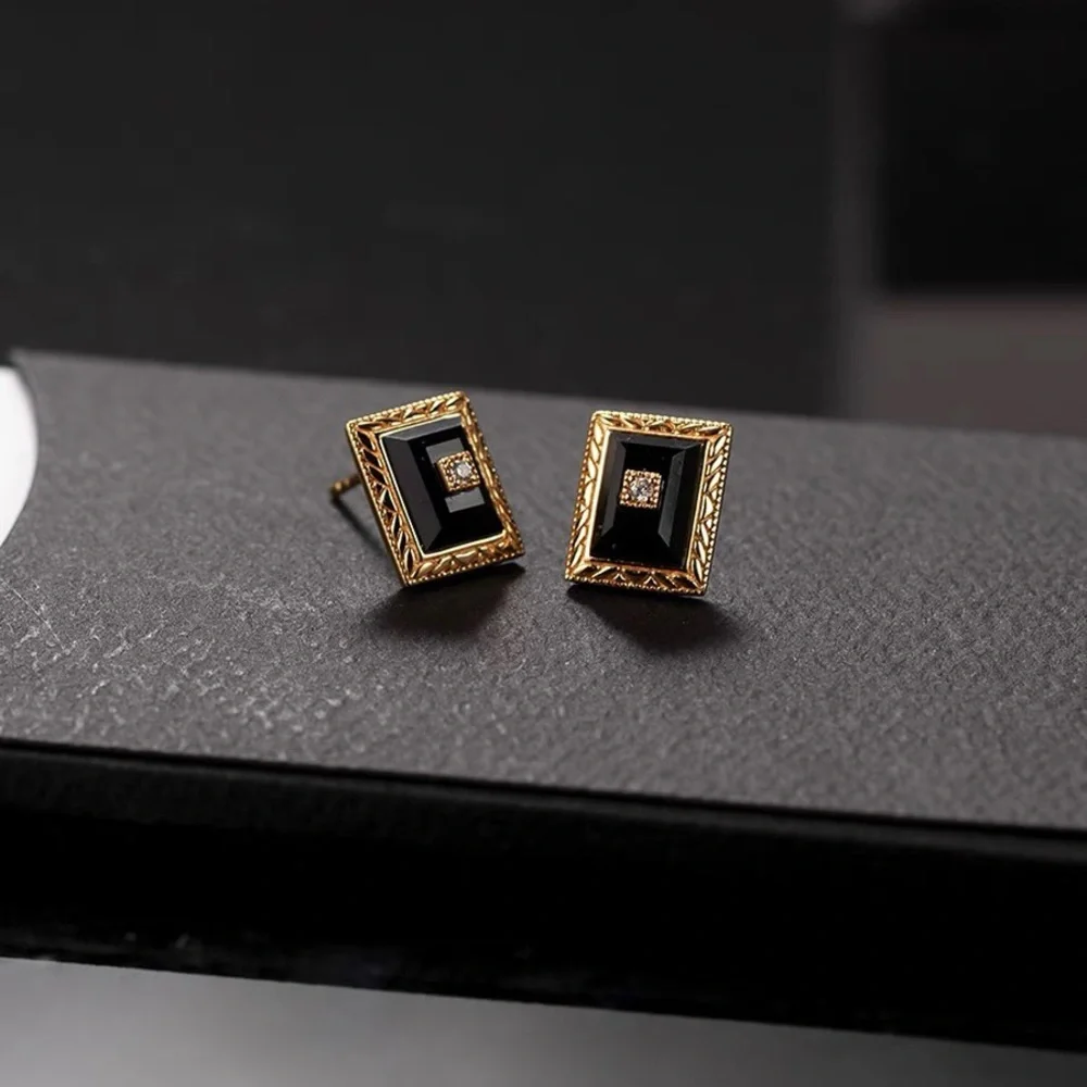 Premium Gold plated Sterling silver black Onyx studs - Picture 5 of 5